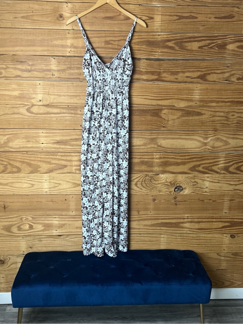 Smocked Floral Maxi Dress in Cream and Brown